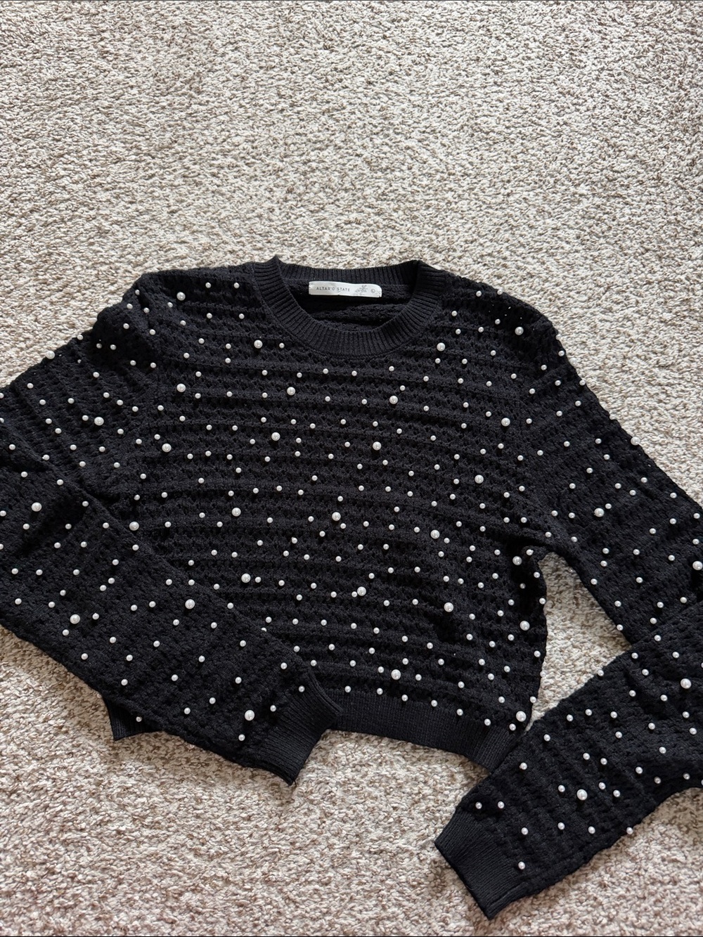 Women’s Altard State Black Pearl-Embellished Crewneck Sweater
